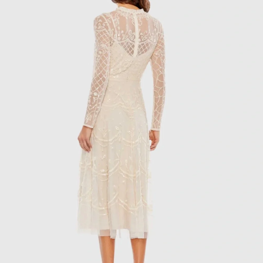 Nude Sequined Illusion Tiered High Neck Long Sleeve Midi Dress Size 6 - Picture 14 of 15